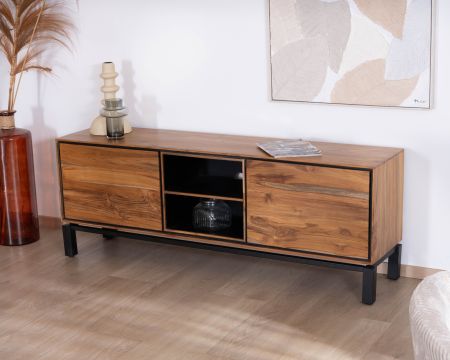 Meuble télé 175 cm bicolore contemporain "Olonie" en teck naturel et métal
