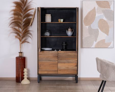 Petit vaisselier vitré esprit contemporain "Olonie" en teck naturel, acacia et métal noir 