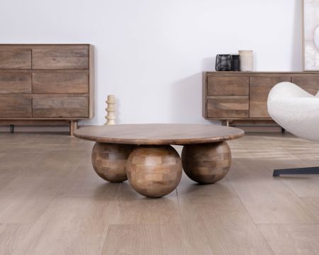 Table basse ronde design épuré et organique en manguier massif "Oxyma"