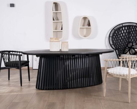 Table de repas ovale 210 cm en teck noir pied central ajouré "Dutipi"