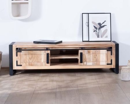 Meuble TV industriel 180 cm bois et métal 2 portes 2 niches "Montréal"