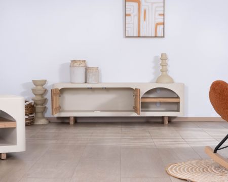 Meuble TV contemporain aspect béton sablé et acacia "Miona"
