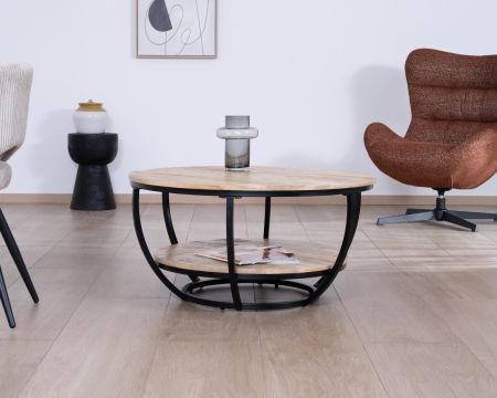 Table basse ronde double plateau en manguier massif et structure métal noir "Loopie"