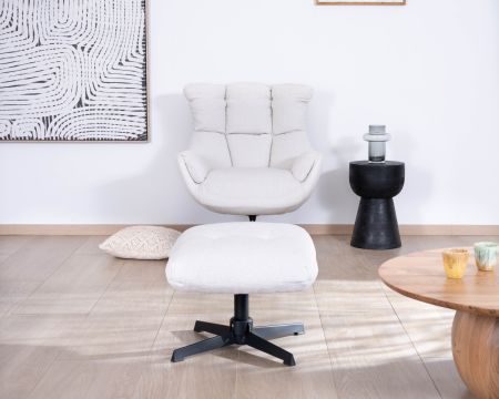 Fauteuil pivotant avec repose-pieds modulaire en tissu bouclette écru "Calista"