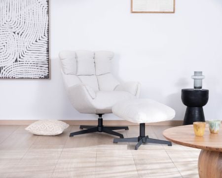 Fauteuil pivotant avec repose-pieds modulaire en tissu bouclette écru "Calista"