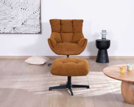 Fauteuil pivotant design avec repose-pieds "Calista" en tissu chenillé moutarde