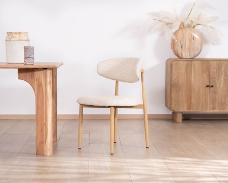 Lot de 2 chaises de repas scandinaves en tissu tramé blanc cassé "Arpège" pieds métal aspect bois clair