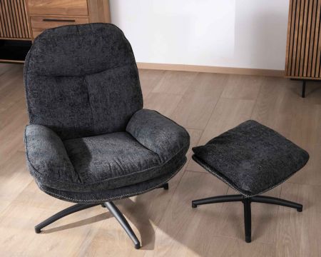 Fauteuil rétro avec pouf en tissu doux gris anthracite "Branson"