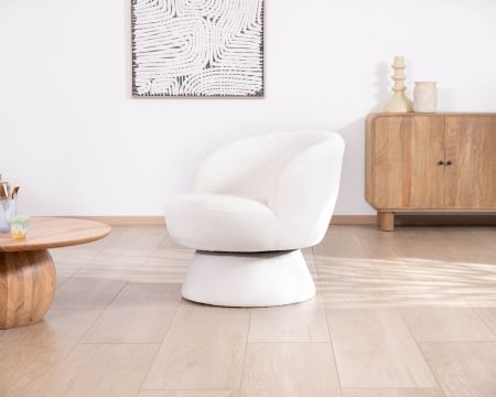 Petite chauffeuse tournante 360° en tissu chenillé blanc "Ladoga"