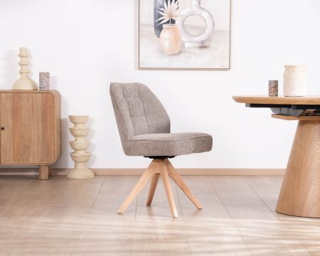 Chaise de repas esprit scandinave "Miloé" tissu chenillé gris et pieds bois 360°