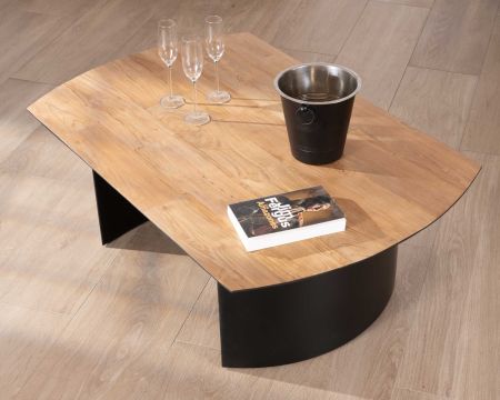 Table de salon en teck recyclé et pieds demi sphère en métal noir "Troms" 120 cm