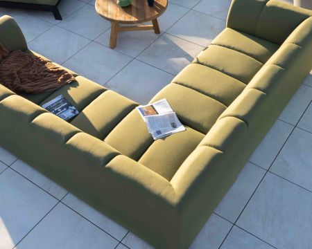 Canapé d'angle haut de gamme spécial extérieur tissu vert "Terrasse"