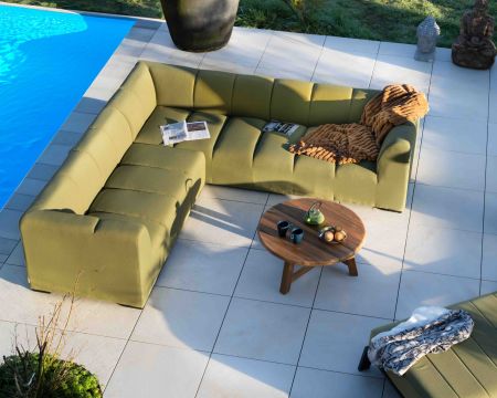 Canapé d'angle haut de gamme spécial extérieur tissu vert "Terrasse"