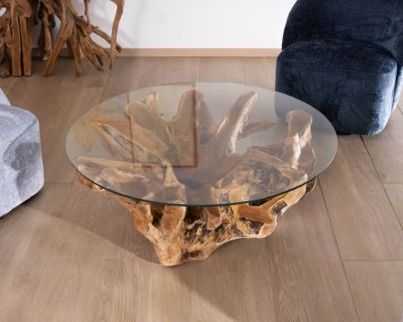Table de salon ronde 110 cm en racine de teck massive avec plateau verre "Kanoa"