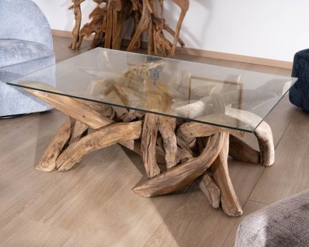 Table basse rectangulaire 120 cm en bois de teck recyclé avec plateau en verre "Kanoa"