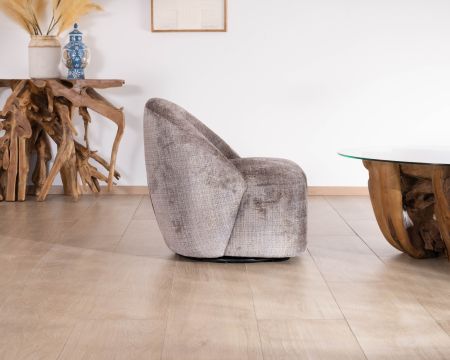 Petit fauteuil pivotant esprit chauffeuse contemporaine en tissu bouclette gris cendré "Marylin"