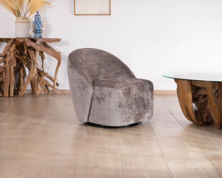 Petit fauteuil pivotant esprit chauffeuse contemporaine en tissu bouclette gris cendré "Marylin"