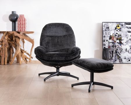 Fauteuil cosy rotatif design rétro en tissu gris "Branson" avec pouf