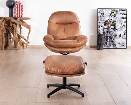 Fauteuil pivotant esprit rétro avec pouf en tissu microfibre coloris havane "Branson"