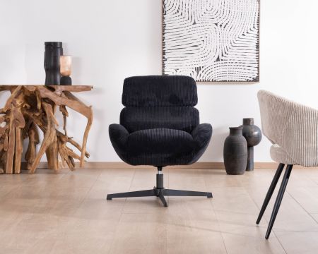 Fauteuil relax tournant 360° en velours côtelé noir "Bissett"