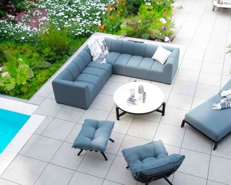 Canapé d'angle en tissu turquoise haut de gamme "Terrasse" spécial extérieur