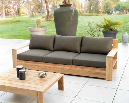 Canapé de jardin 3 places haut de gamme "Zénith" en teck matelassé tissu gris foncé
