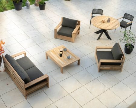 Fauteuil de jardin haut de gamme "Zénith" en teck matelassé tissu gris foncé