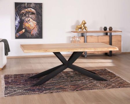 Table de repas en acacia massif 200cm pieds croix métal "3D" plateau épaisseur 6cm