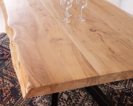 Table de repas en acacia massif 200cm pieds croix métal "3D" plateau épaisseur 6cm