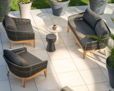 Ensemble de jardin haut de gamme 3 pièces en teck et tissu gris foncé "Tuléo"