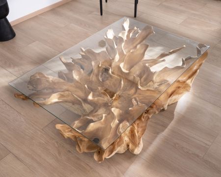 Table basse en racine de teck naturel avec plateau verre rectangulaire "Jungle"