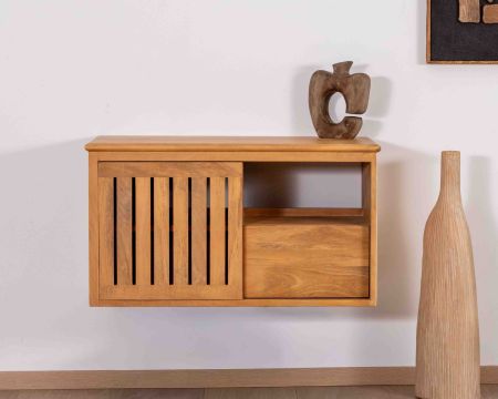 Meuble sous vasque à suspendre 90 cm "Bulle" en manguier teinte chêne clair