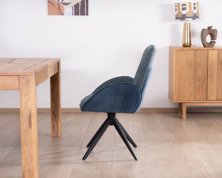 Lot de 2 chaises en tissu bi-texturé bleu foncé "Eddy" avec accoudoirs et pied métal pivotant