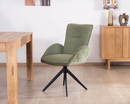 Lot de 2 chaises en tissu vert doux "Eddy" avec accoudoirs et pied métal pivotant