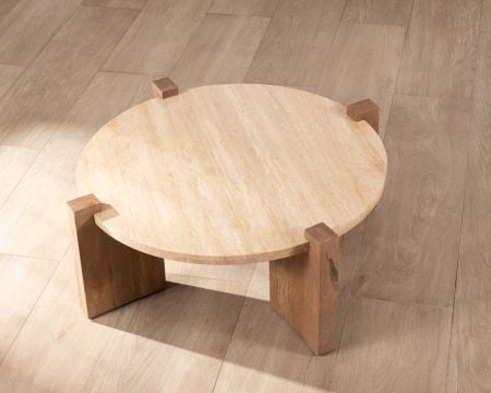 Table de salon ronde en travertin et bois "Hiéra"