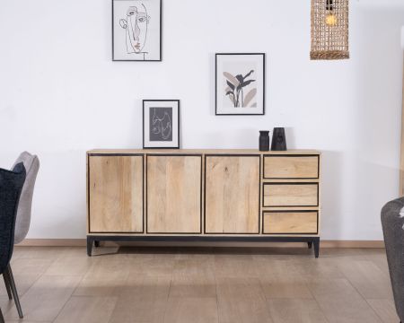 Buffet épuré bicolore en manguier naturel et noir 180 cm "Bocca" 3 portes et tiroirs