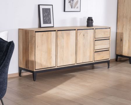 Buffet épuré bicolore en manguier naturel et noir 180 cm "Bocca" 3 portes et tiroirs