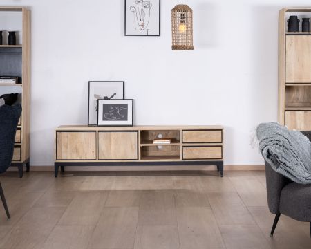 Grand meuble TV bicolore en manguier avec portes, niches et tiroirs "Bocca" 180 cm