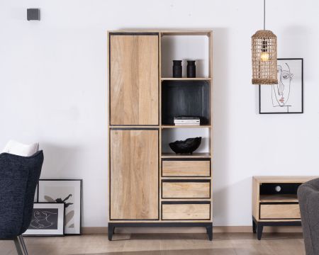 Meuble de rangement haut en manguier naturel et noir design épuré "Bocca"