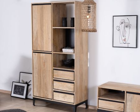 Meuble de rangement haut en manguier naturel et noir design épuré "Bocca"