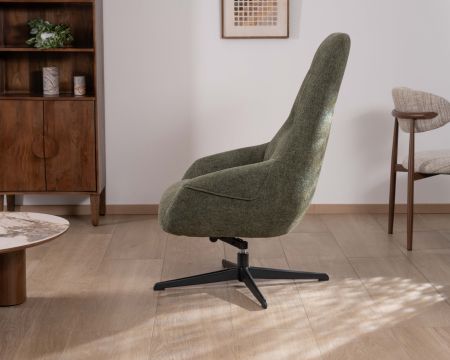 Fauteuil pivotant en tissu bouclette vert kaki “Mado" esprit nature et confort généreux