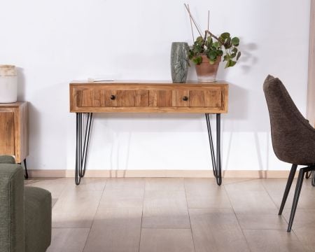 Console vintage en acacia et pieds métal "Wendy" avec façades gaufrées