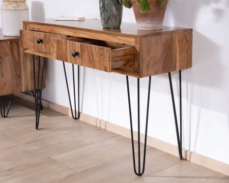 Console vintage en acacia et pieds métal "Wendy" avec façades gaufrées