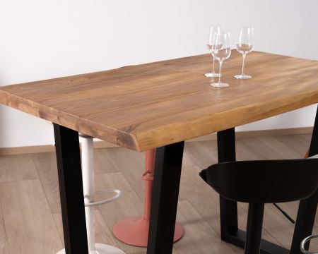 Table haute style atelier en teck recyclé massif “Lasia” avec piètement métal noir en U