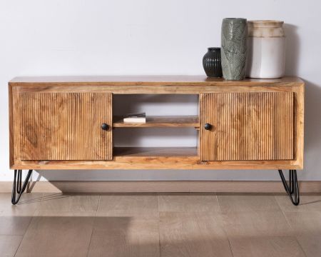 Meuble TV 145 cm en acacia massif avec façades gaufrées "Wendy"