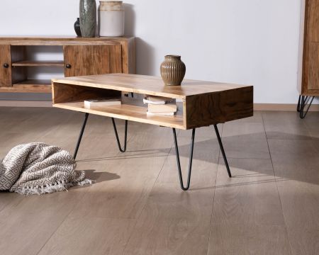 Table de salon épurée plateau acacia et niche centrale "Wendy"