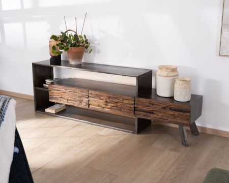 Meuble TV 195 cm original en bois et métal "Crescendo" avec éclairage LEDs