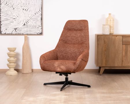 Fauteuil pivotant et inclinable “Mado” en tissu bouclette terracotta, silhouette organique