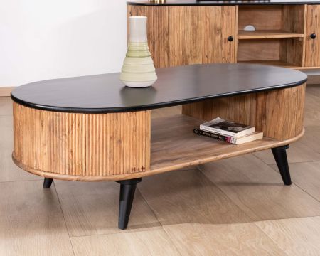 Table basse vintage design arrondi en acacia naturel et noir "Boogie"