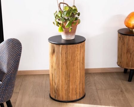 Tabouret cannelé bicolore en acacia finition huilée "Boogie" style vintage